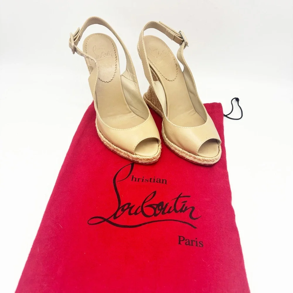 Christian Louboutin You Love Beige Leather Slingback Espadrille Wedges Size 36
